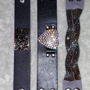 Faux Leather White Rhinestones Bracelets Set of 3